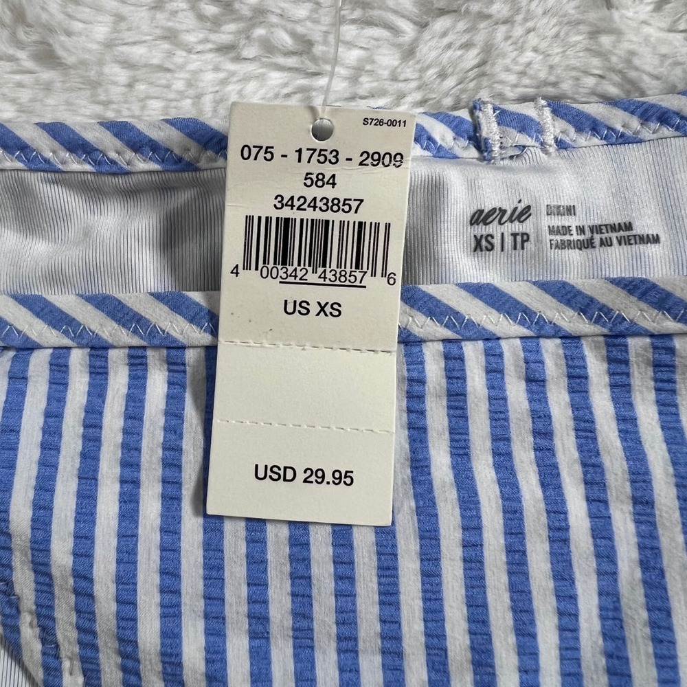 Aerie Blue White Striped Seersucker Ruffle Bikini Bottom XS 075-1753-2909 - Picture 6 of 11
